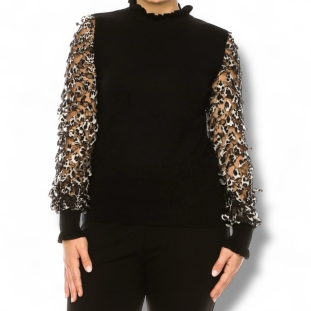 SIONI SNOW LEOPARD LACE MOCK NECK LONG SLEEVED TOP SWEATER SZ M